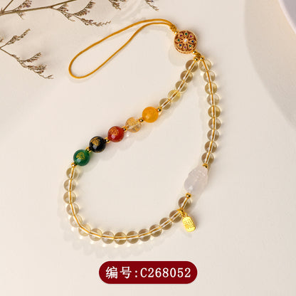 Natural Yellow Crystal Five-Way Wealth God Pixiu Phone Pendant - Wealth Attraction Charm