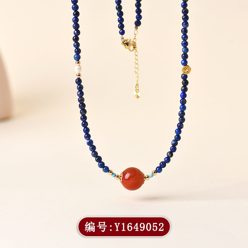 Natural Lapis Lazuli and Southern Red Agate Collarbone Necklace | Wisdom and Protection Talisman