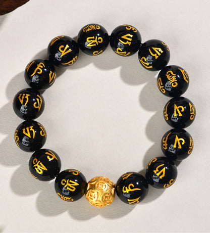 Natural Obsidian Six-Word Mantra Copper Coin Bead Bracelet - Spiritual Protection & Wealth Attraction