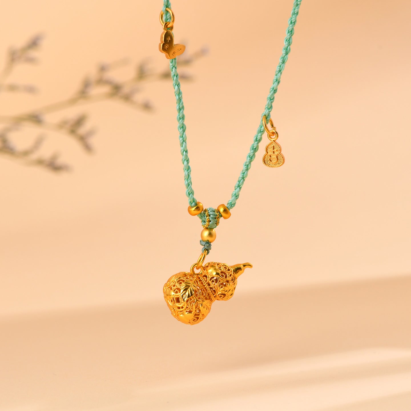 Golden Gourd Hollow Flower Pendant Necklace - Wealth and Prosperity Chinese Style Charm