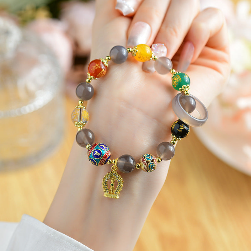 Natural Agate Five-Way God of Wealth Bracelet | Diamond Vajra Pendant for Prosperity