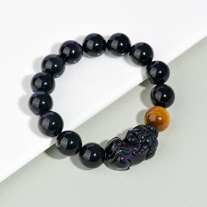 Natural Rainbow Eye Obsidian Pixiu Bracelet - Wealth and Protection Talisman for Couples
