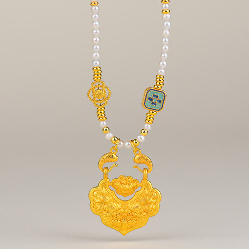 Natural Freshwater Pearl Koi Peace Lock Necklace | Auspicious Chinese Style Collarbone Chain