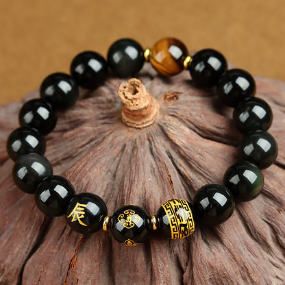 Natural Obsidian Zodiac Guardian Buddha Bracelet with Tiger Eye & Agate - Six-Word Mantra Spiritual Protection