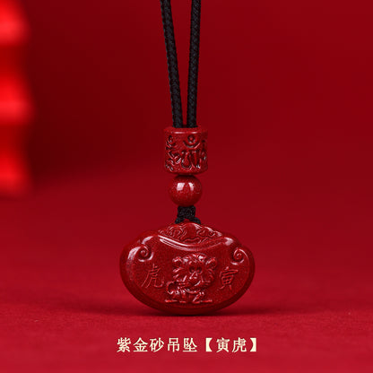 Natural Purple Gold Cinnabar Zodiac Ruyi Pendant - Auspicious Protection and Fortune Necklace Ornament