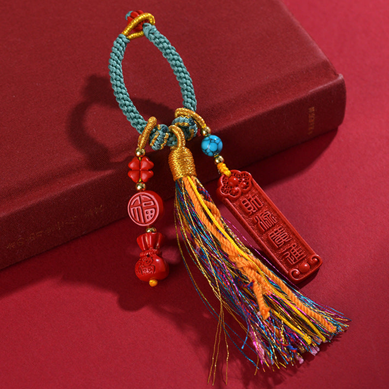 Natural High-Content Cinnabar Keychain for Wealth and Prosperity | Handwoven Feng Shui Charm