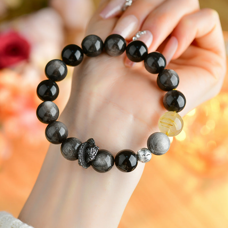Natural Silver Obsidian Dragon Bracelet - Chinese Zodiac Protection & Couple Harmony