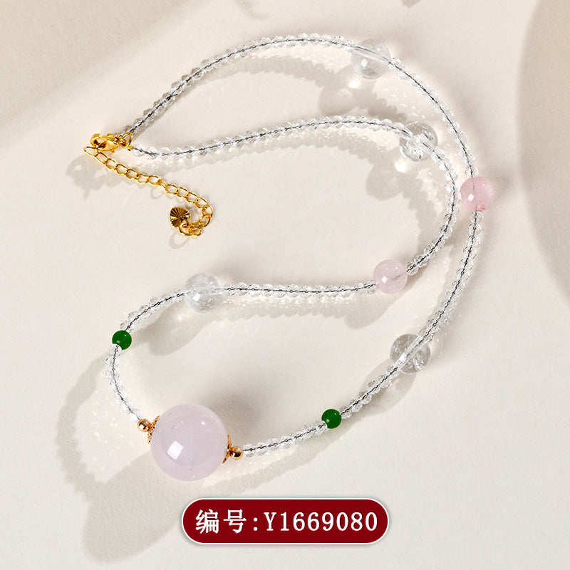 Natural White & Pink Crystal Round Bead Pendant Necklace | Spiritual Elegance & Protection