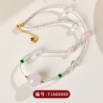 Natural White & Pink Crystal Round Bead Pendant Necklace | Spiritual Elegance & Protection