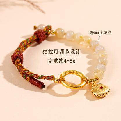 Golden Rutilated Quartz Braided Bracelet | Wealth & Luck Amulet in Chinese Style