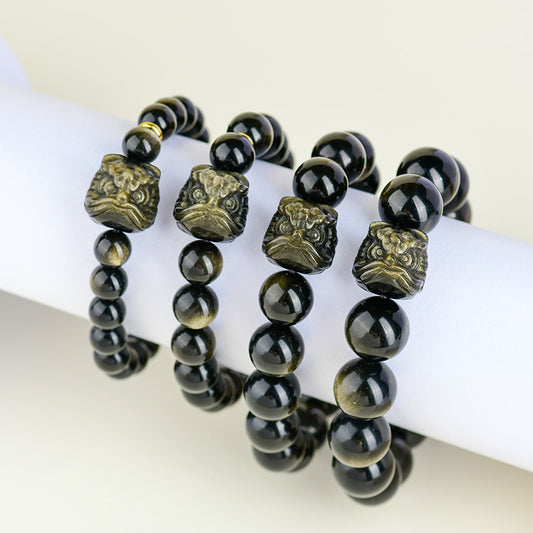 Golden Obsidian Double Color Eye Bracelet with Awakening Lion - Chinese Style Spiritual Protection Jewelry