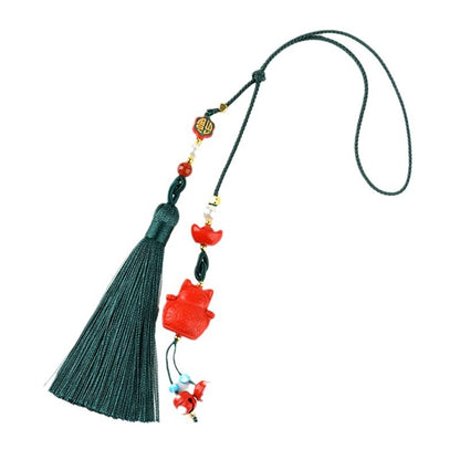 Natural Cinnabar Lucky Cat Car Hanging Ornament - Imperial Red Sand for Good Fortune