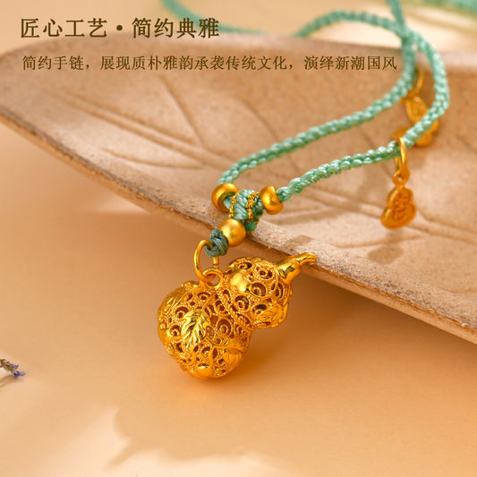 Golden Gourd Hollow Flower Pendant Necklace - Wealth and Prosperity Chinese Style Charm