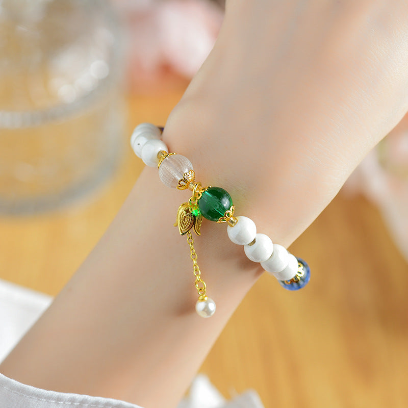 Five Elements Crystal Bracelet with White Porcelain Beads - Wealth, Wisdom & Healing Energy