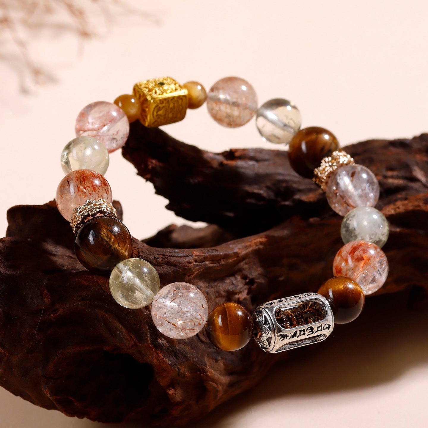 Natural Black Gold Tiger Eye and Yellow Crystal Bracelet with Six-Word Mantra for Luck