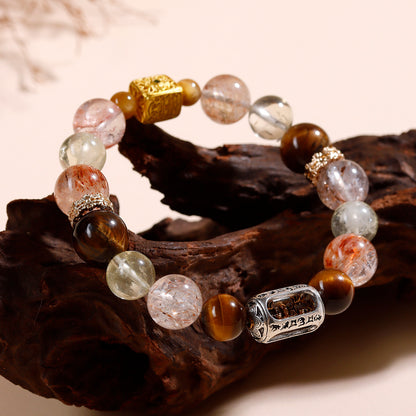 Natural Black Gold Tiger Eye and Yellow Crystal Bracelet with Six-Word Mantra for Luck