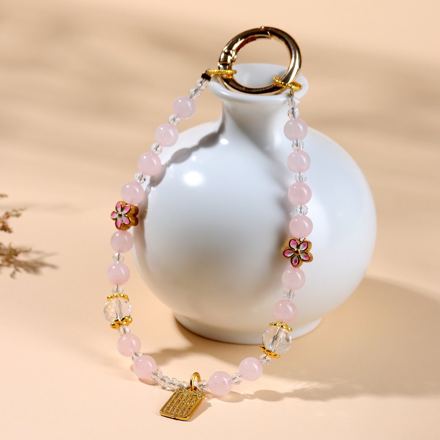 Natural Pink Quartz Peach Blossom Keychain - Love Charm & Fortune Pendant