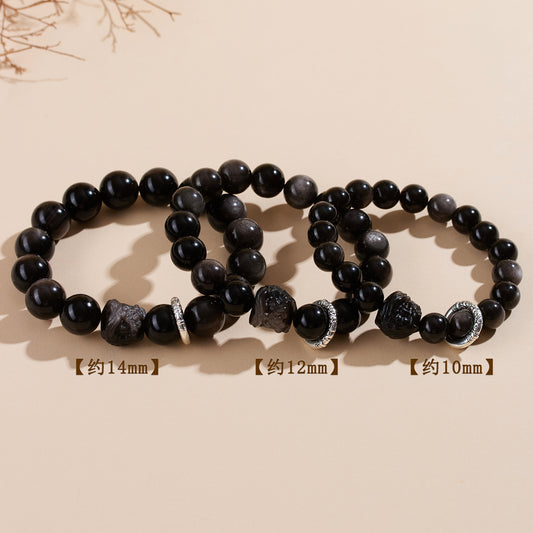 Natural Obsidian Lion Dance Bracelet - Chinese Style Unisex Couple Protection Amulet