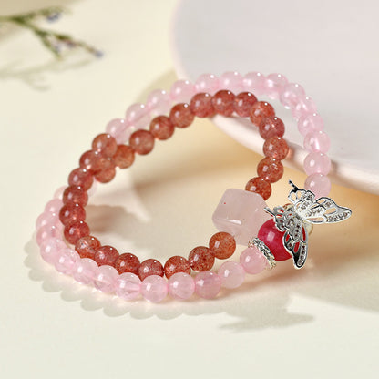 Natural Rose Quartz Strawberry Quartz Butterfly Double Circle Love Bracelet for Women