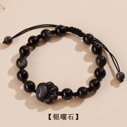 Natural Silver Obsidian Strawberry Crystal Cat Claw Couple Bracelet - Love Protection Handmade Bracelet