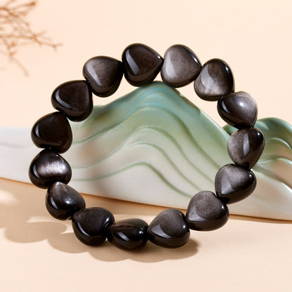 Natural Silver Obsidian Heart Bracelet - Mystical Protection Elegance Unisex
