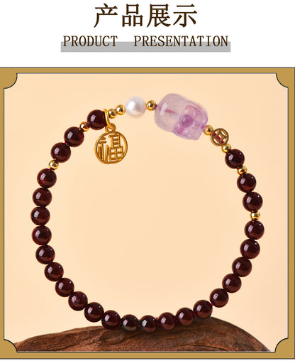 Natural Garnet Strawberry Crystal Pixiu Bracelet - Lucky Charm for Wealth and Protection