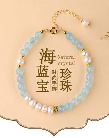 Natural Crystal Aquamarine Pearl Bracelet | Spiritual Harmony & Wealth Attraction