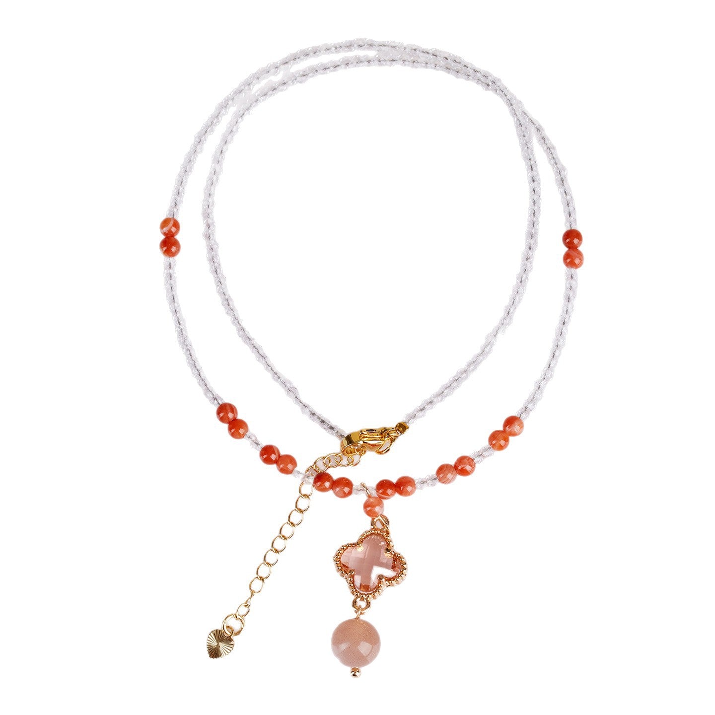 Natural White Crystal Agate Orange Moonstone Four-Leaf Clover Collarbone Necklace - Lucky Charm for Women