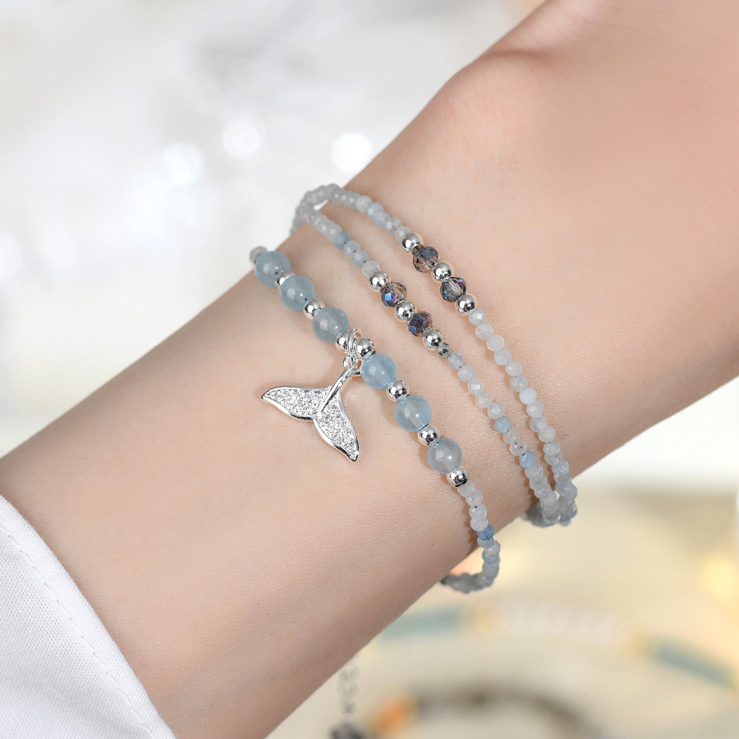 Natural Aquamarine Blue Chalcedony Multi-Layer Bracelet | Spiritual Protection & Elegant Energy