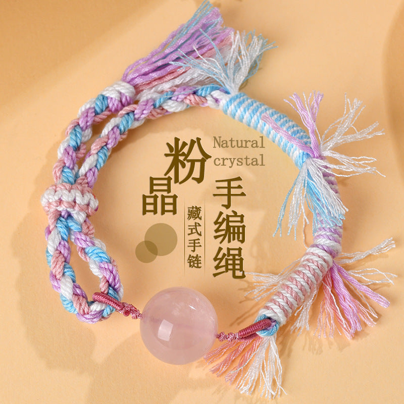 Natural Rose Quartz Tibetan Handmade Bracelet - Love Energy Crystal Cord Jewelry for Women