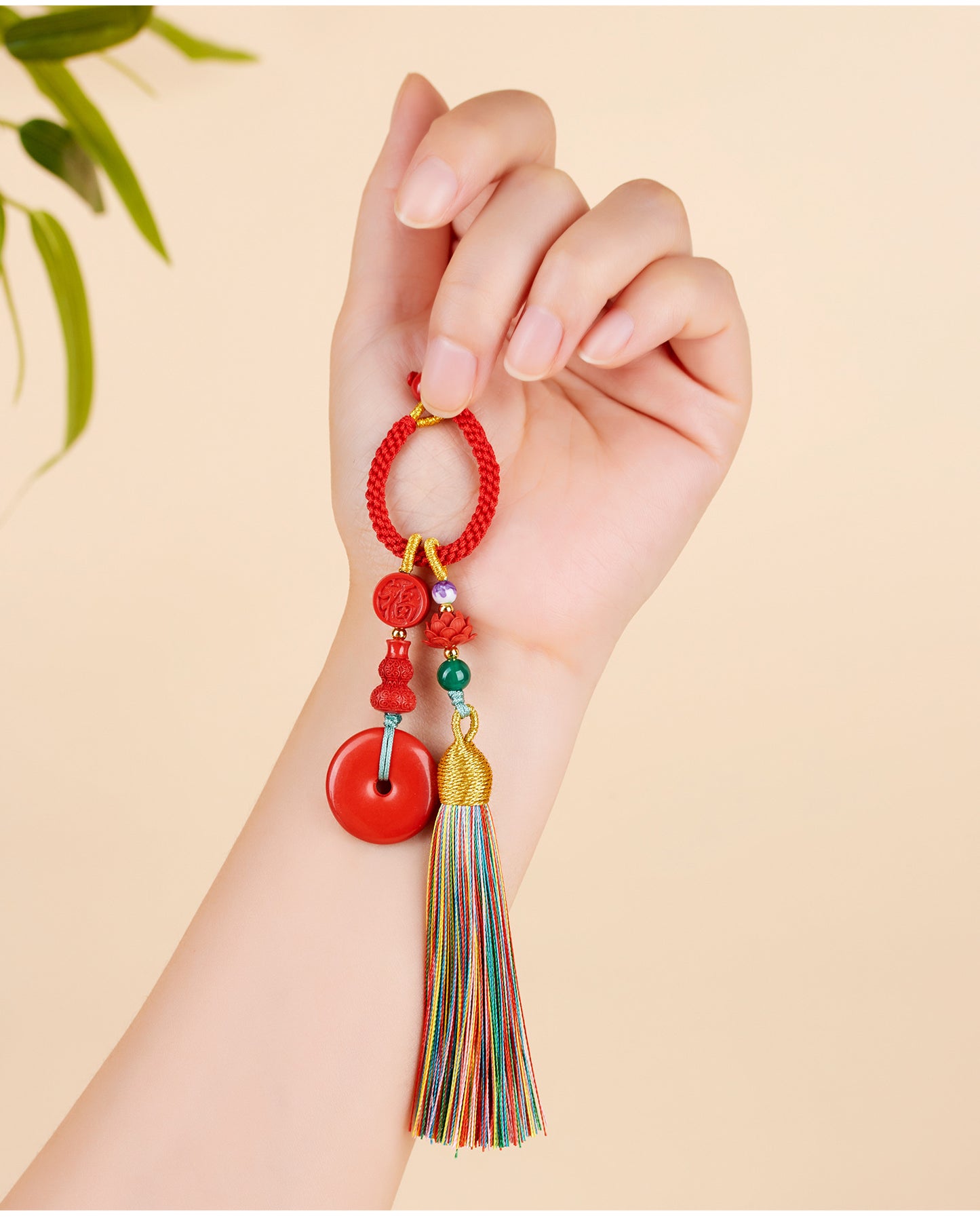 Imperial Red Cinnabar Peace Buckle Keychain with Multicolored Tassel - Handmade Spiritual Protector