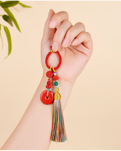Imperial Red Cinnabar Peace Buckle Keychain with Multicolored Tassel - Handmade Spiritual Protector