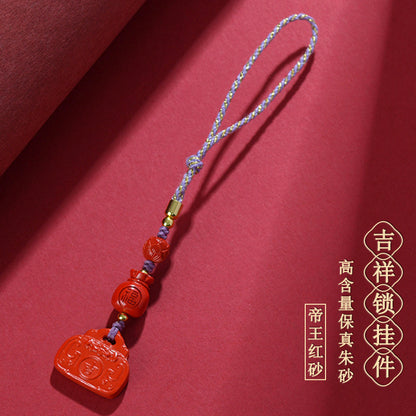 Natural Cinnabar Auspicious Lock Pendant - Lucky Charm Keychain for Wealth and Protection