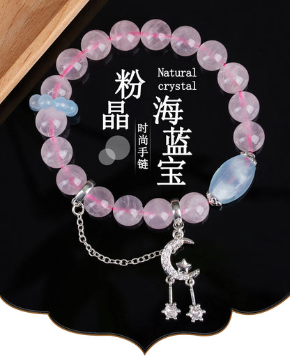 Natural Pink Quartz Aquamarine Starry Moon Love Bracelet | Irregular Crystal Design for Women
