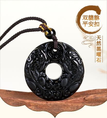 Natural Black Ice Obsidian Double Pixiu Pendant Necklace - Wealth & Protection Talisman