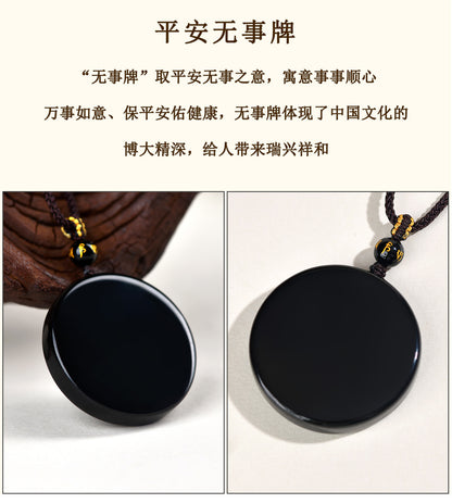 Natural Obsidian Round Pendant Necklace for Zodiac Year Protection and Peace