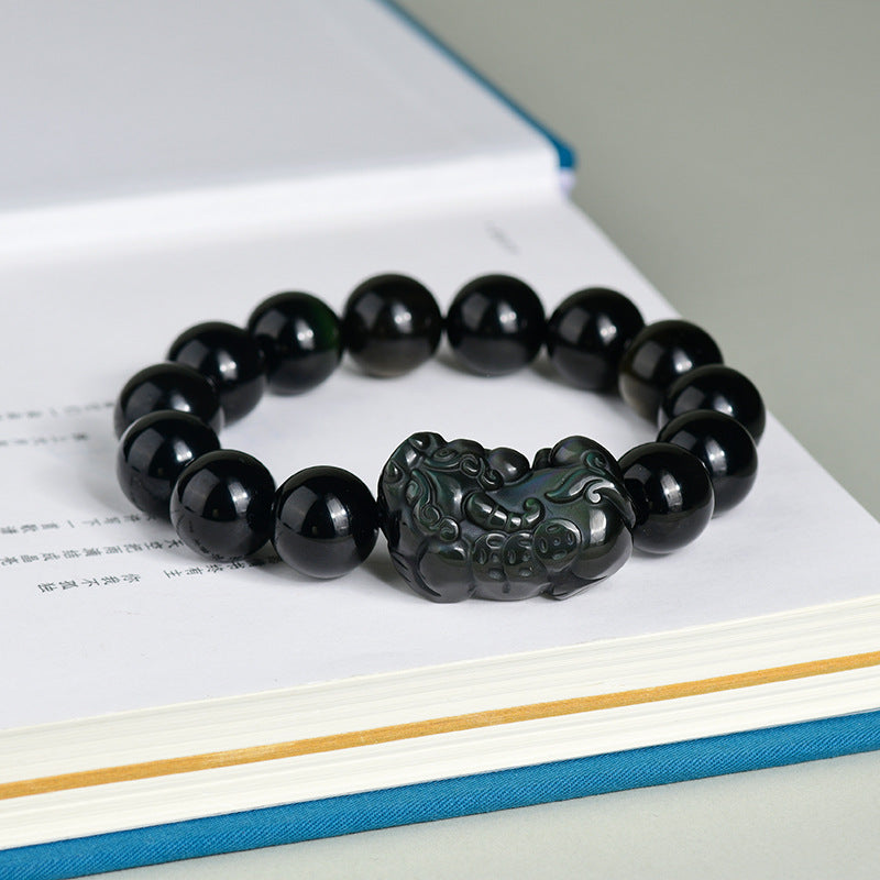 Natural Black Obsidian Pixiu Bracelet with Gold and Double Color Eye Beads - Wealth Protection Amulet for Couples