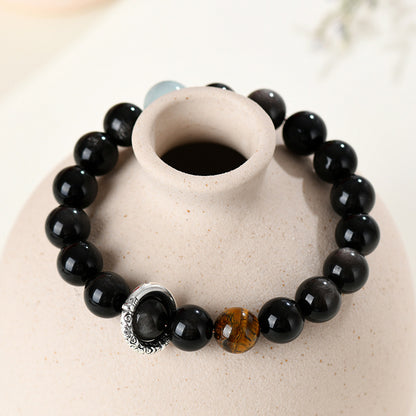 Natural Crystal Silver Obsidian Aquamarine Tiger Eye Bracelet - Women's Mystical Protection & Luck Charm