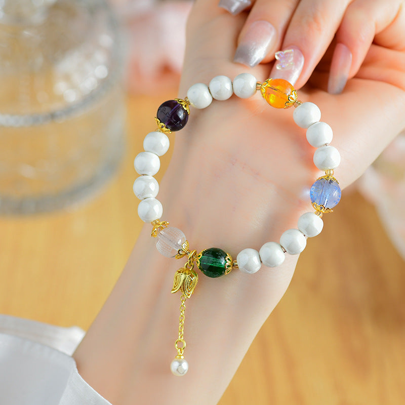 Five Elements Crystal Bracelet with White Porcelain Beads - Wealth, Wisdom & Healing Energy
