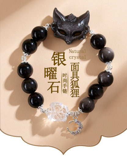 Silver Obsidian Fox Mask Bracelet with White Crystal Lion Awakening - Chinese Style Women's Spiritual Jewelry