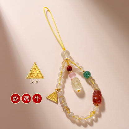 Twelve Zodiac Three-in-One Pixiu Phone Chain with Natural Yellow Rutilated Quartz Crystal Pendant