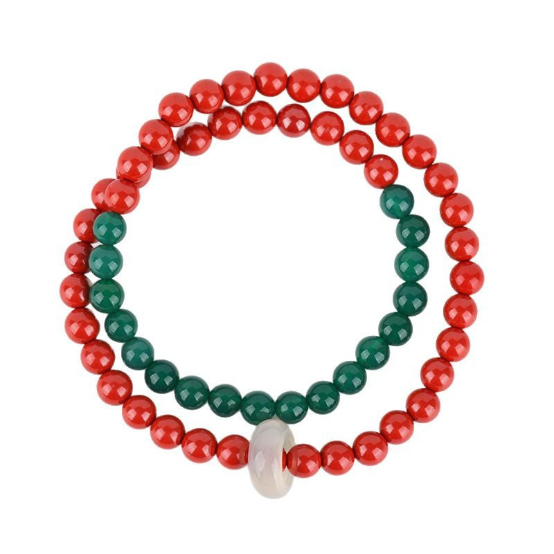 Natural Cinnabar and Green Agate Double Circle Bracelet for Women - Wealth and Protection Talisman