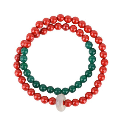 Natural Cinnabar and Green Agate Double Circle Bracelet for Women - Wealth and Protection Talisman