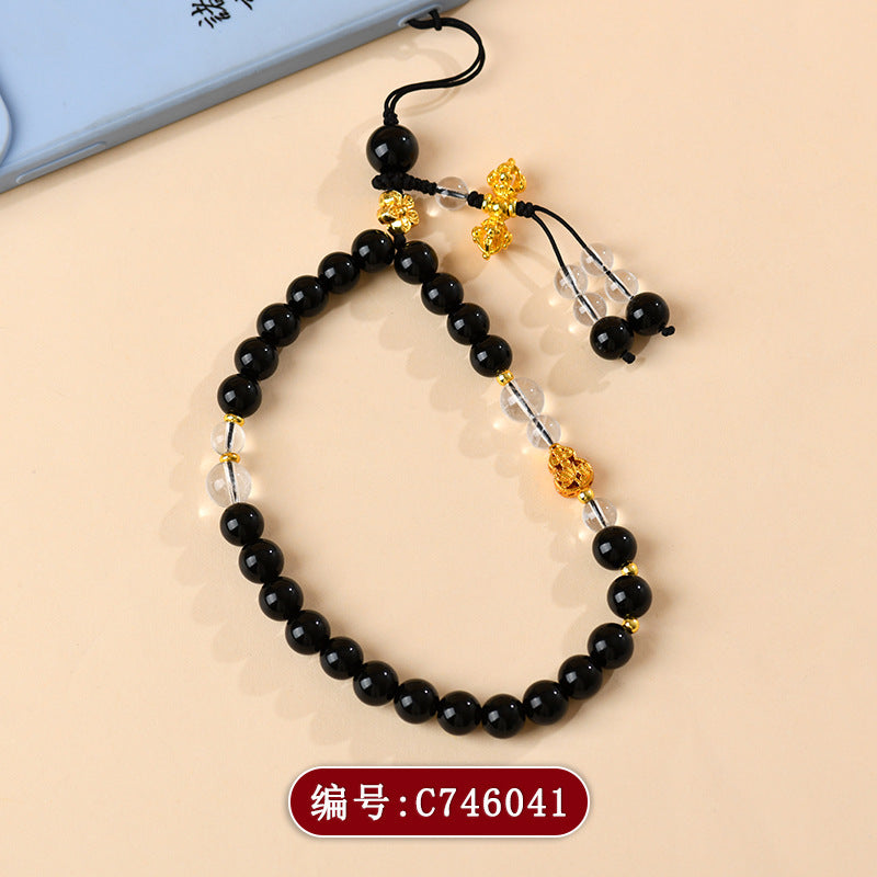 Natural Obsidian White Crystal Phone Charm Pendant | Chinese Retro Style Temple Blessing Ornament