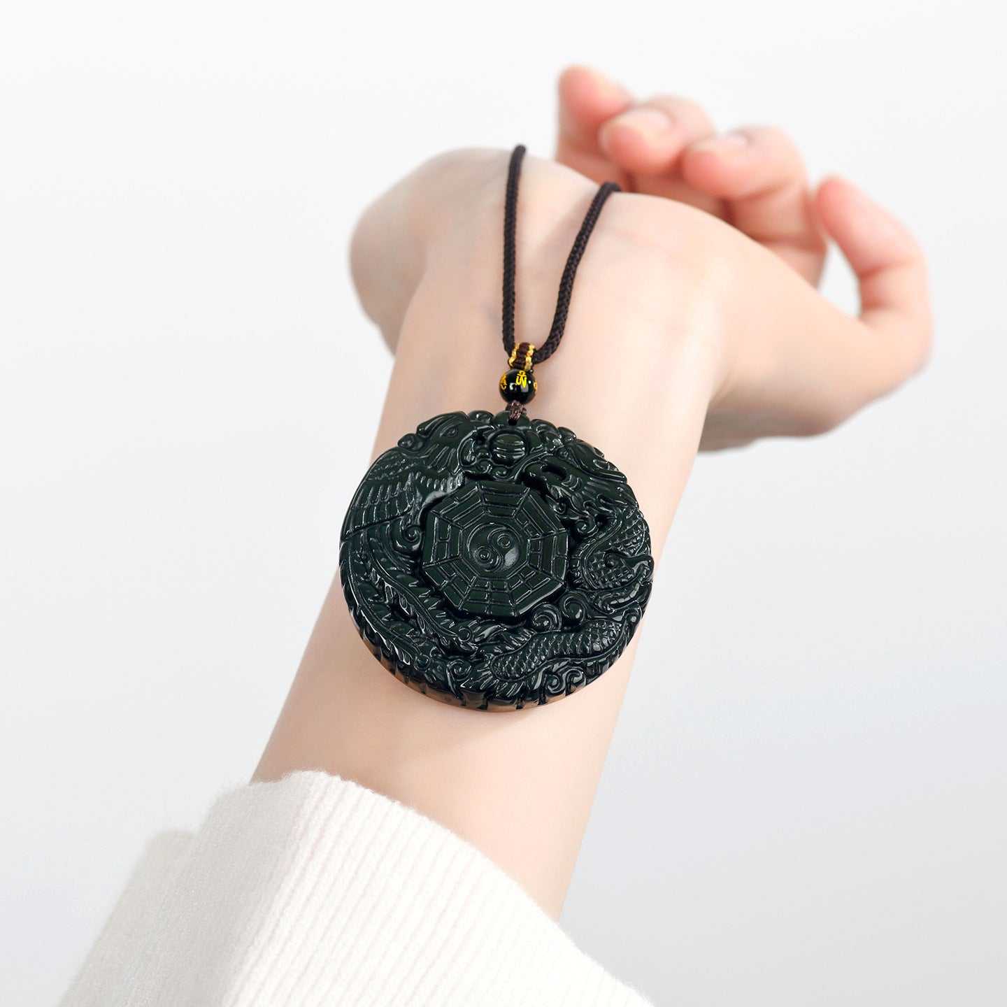 Natural Obsidian Dragon Phoenix Tai Chi Bagua Round Pendant Necklace - Harmony & Protection Amulet