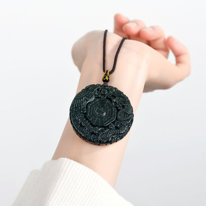 Natural Obsidian Dragon Phoenix Tai Chi Bagua Round Pendant Necklace - Harmony & Protection Amulet