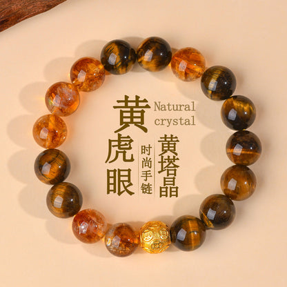 Yellow Tiger Eye Crystal Bracelet with Copper Coin Beads - Chinese Style Lucky Charm