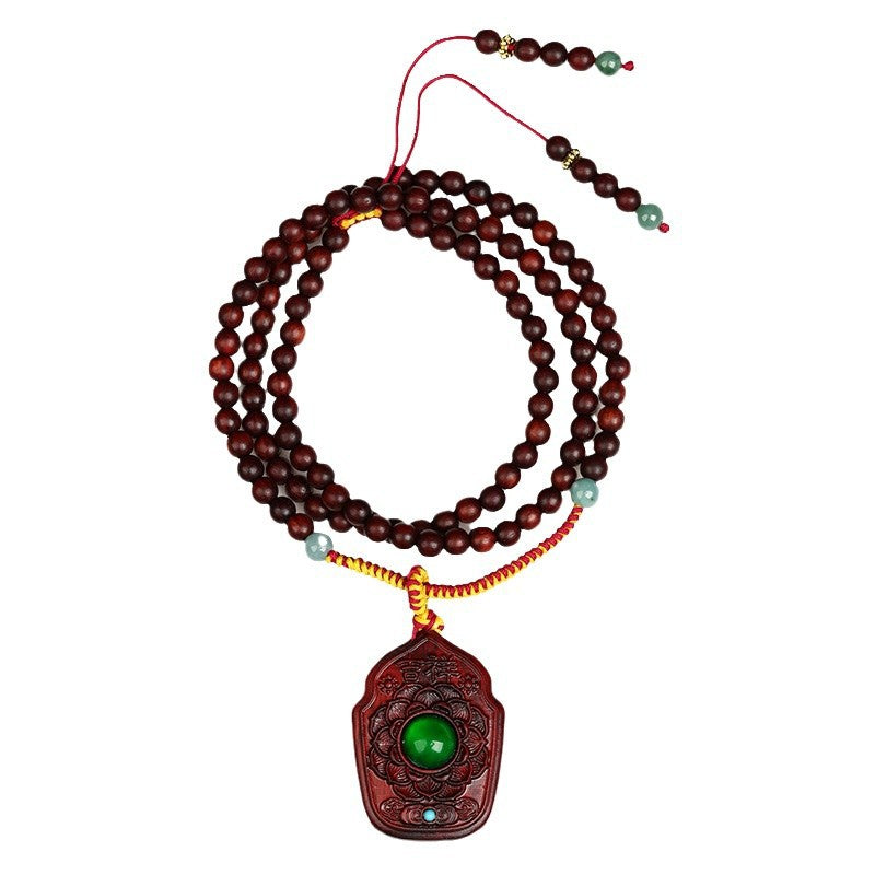 Small Leaf Red Sandalwood Double-Sided Carved Buddhist Bead Necklace - Zen Harmony & Protection