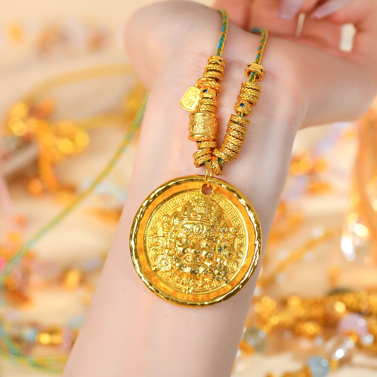 Golden Wealth God Tibetan Style Pendant Necklace - Prosperity and Protection Amulet