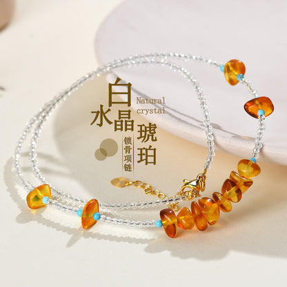 Natural White Crystal Amber Collarbone Necklace | Purifying Energy Elegant Spiritual Jewelry